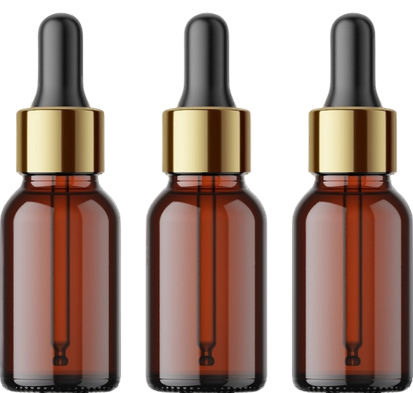 Amber glass dropper bottles with gold caps, 18/410 neck, front view on white background
