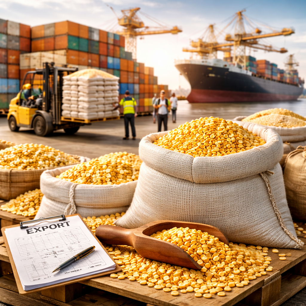 White Toor Dal bags being loaded into shipping container for export distribution