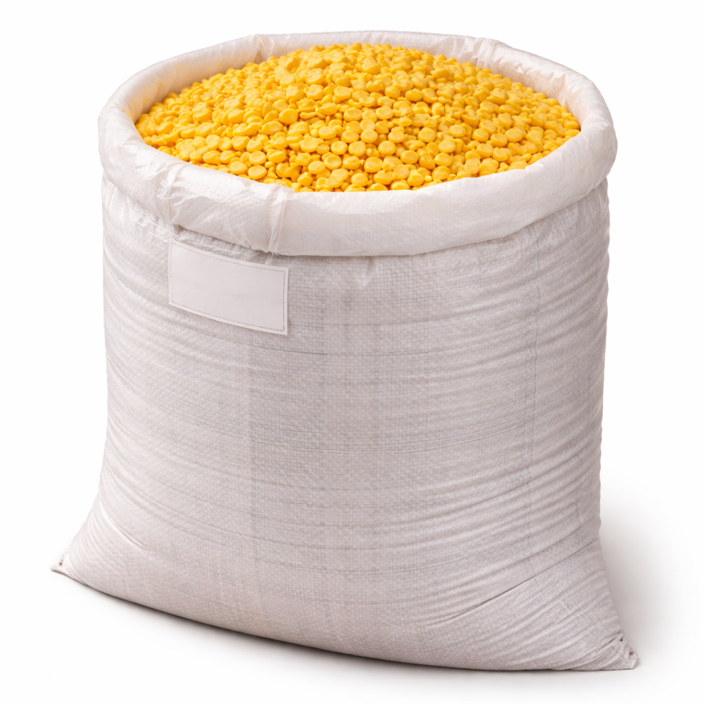 White plastic bag filled with Toor Dal for bulk export packaging
