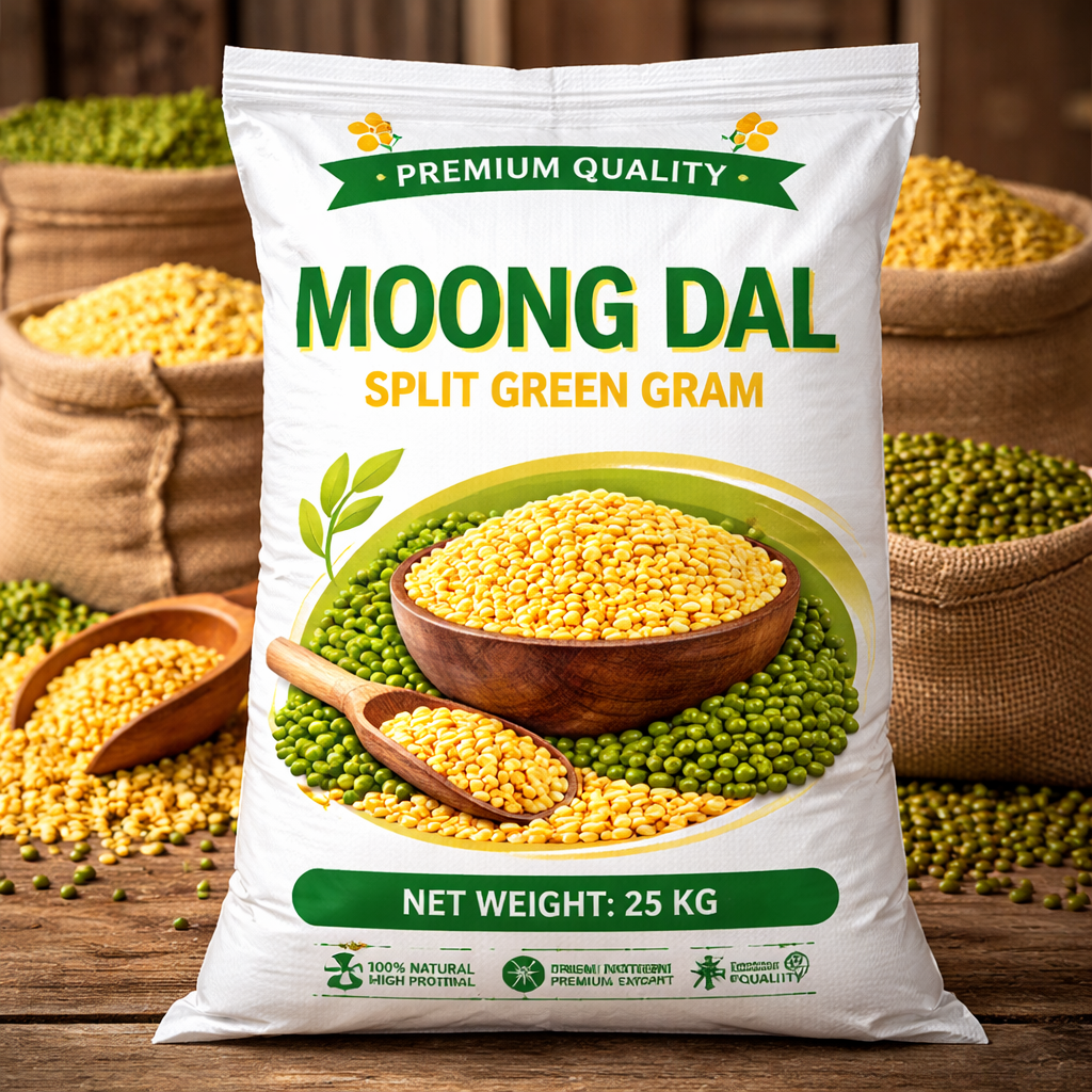 White plastic bag filled with Moong Dal for bulk export packaging