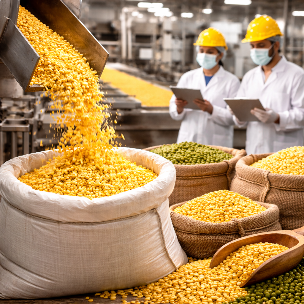 Industrial Moong Dal processing and sorting machine in a clean manufacturing facility