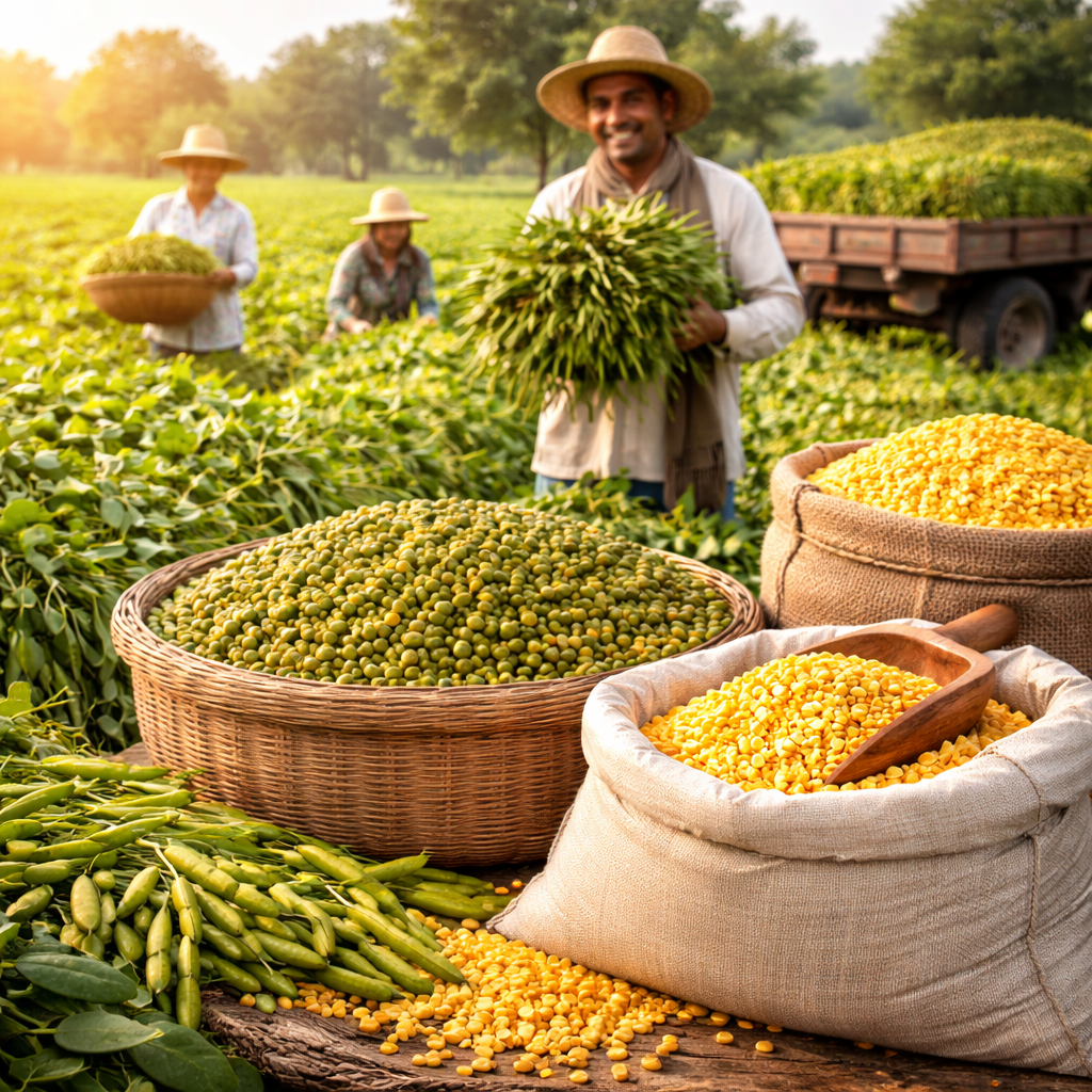 Indian farmers harvesting Moong Dal crops in an agricultural field for food production