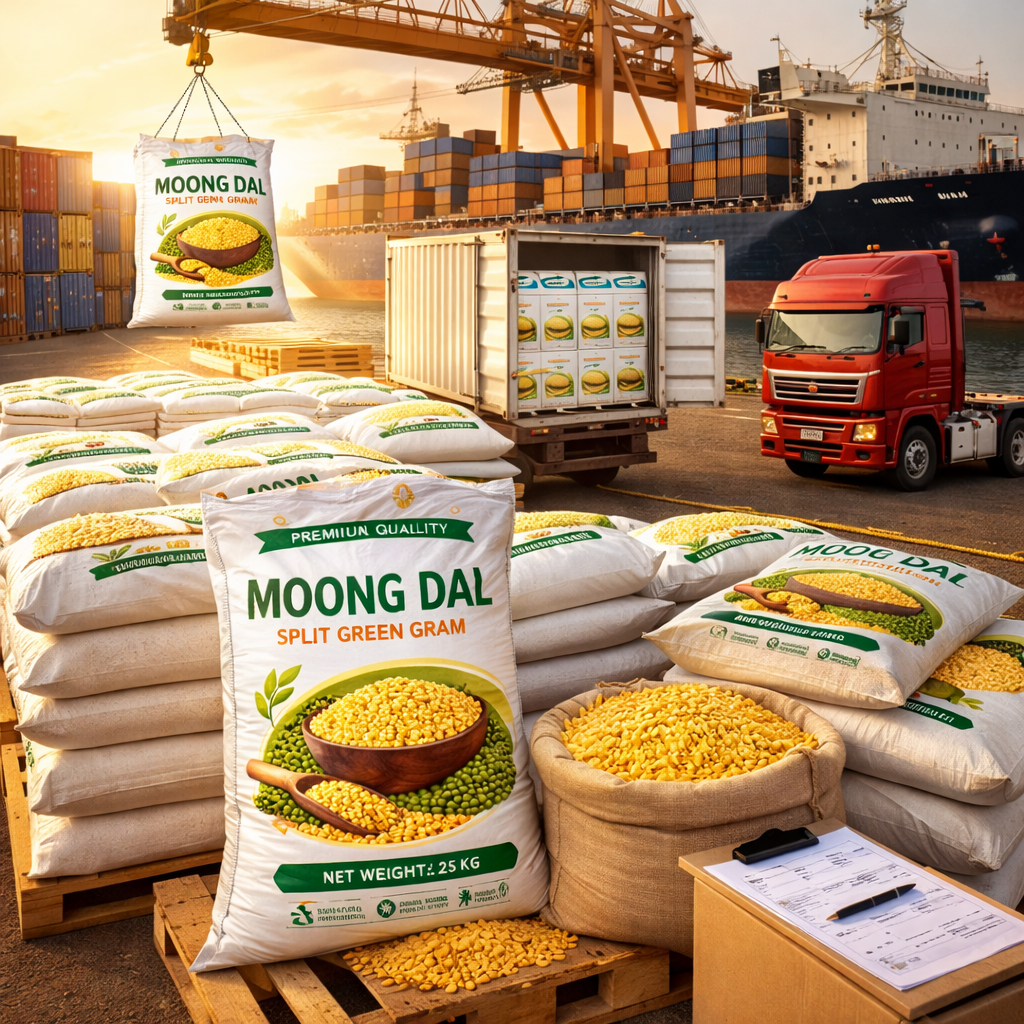 White Moong Dal bags being loaded into shipping container for export distribution