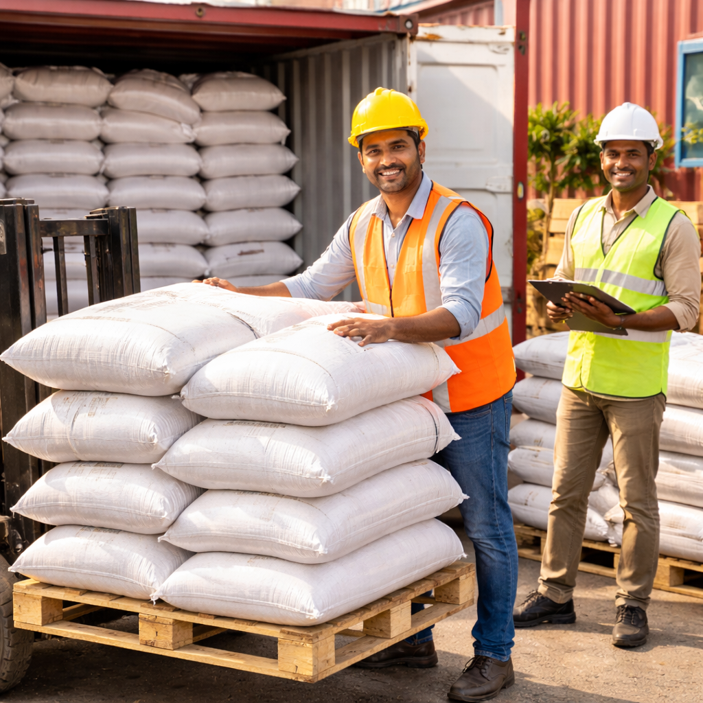 White Toor Dal bags being loaded into shipping container for export distribution