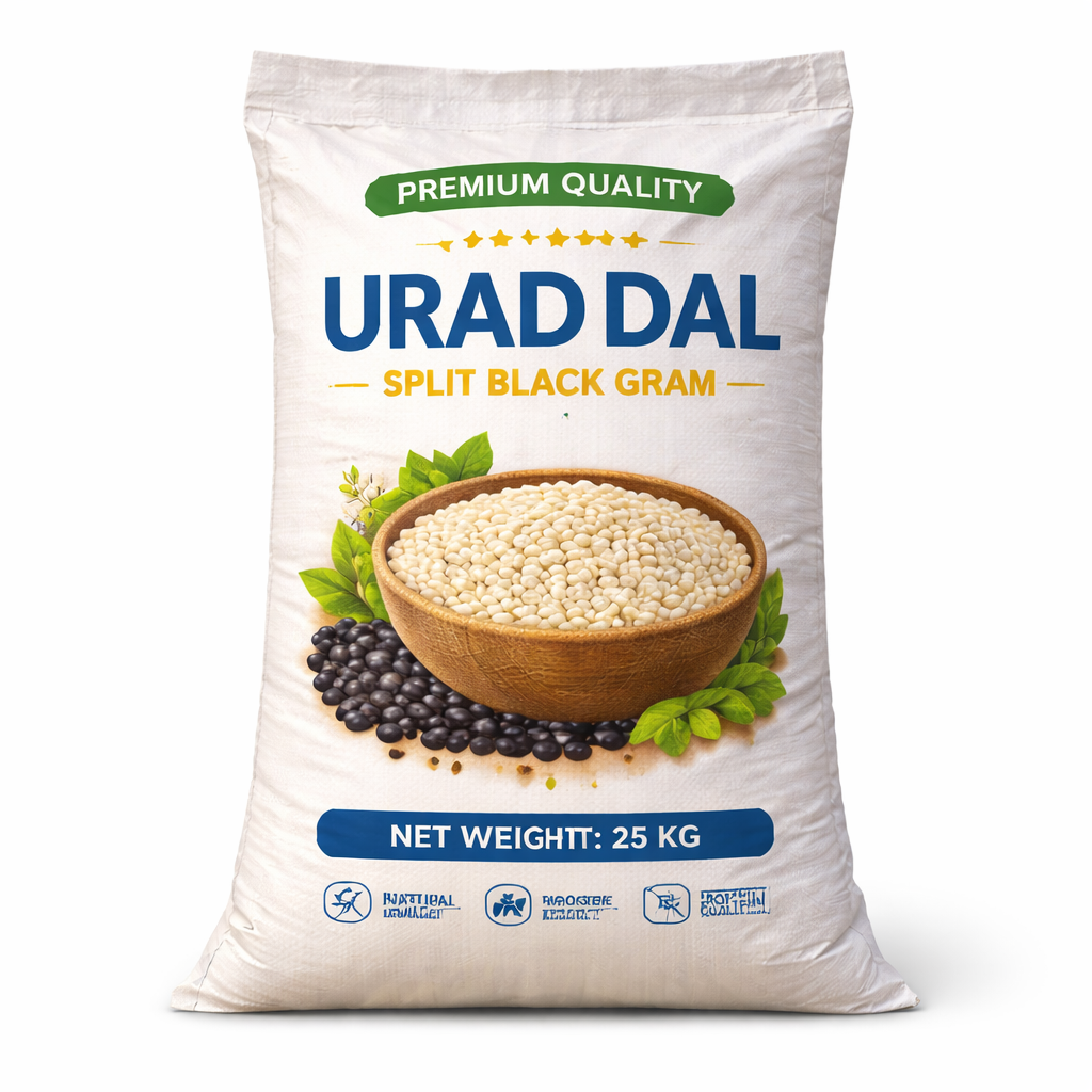 White plastic bag filled with Urad Dal for bulk export packaging