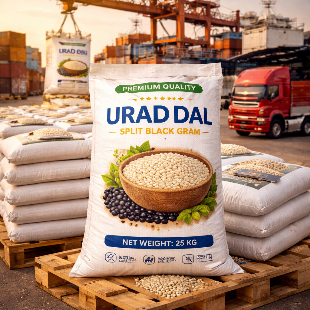 White Urad Dal bags being loaded into shipping container for export distribution