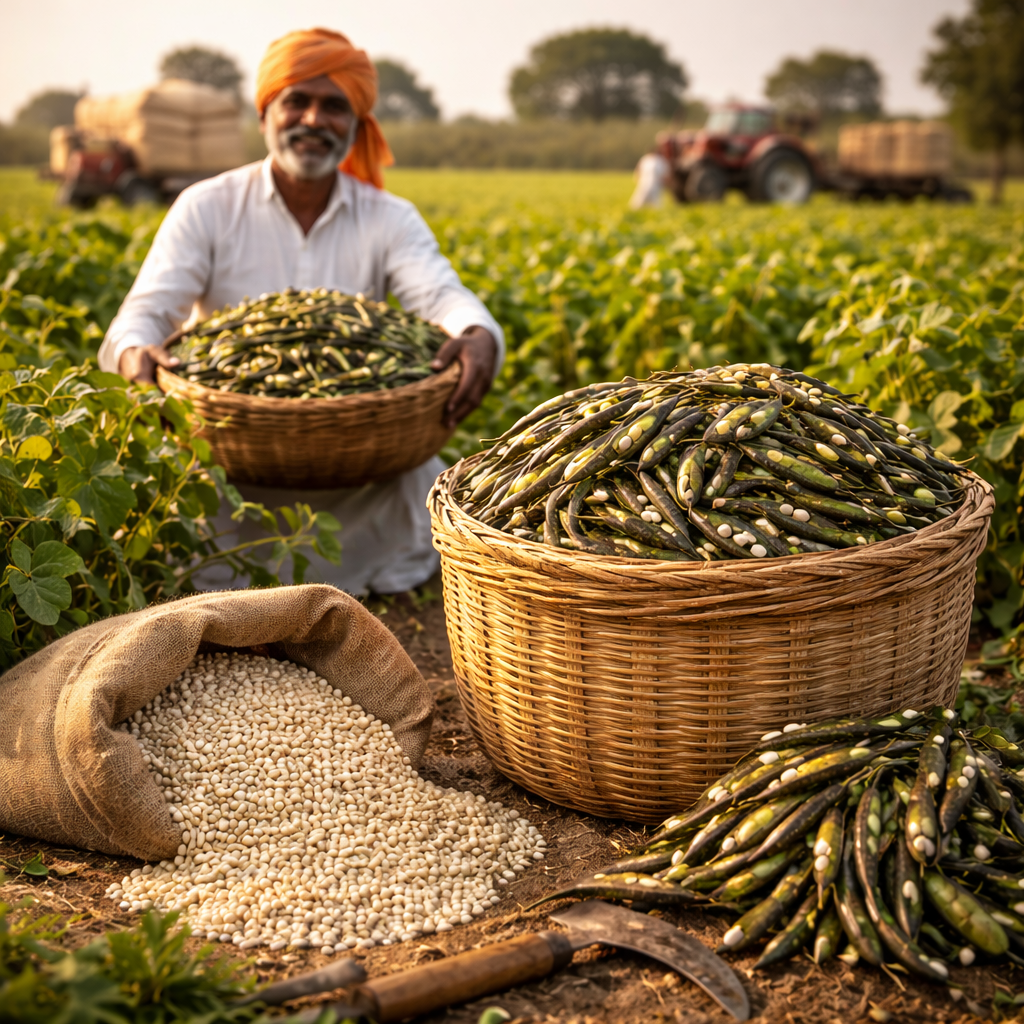 Indian farmers harvesting Urad Dal crops in an agricultural field for food production