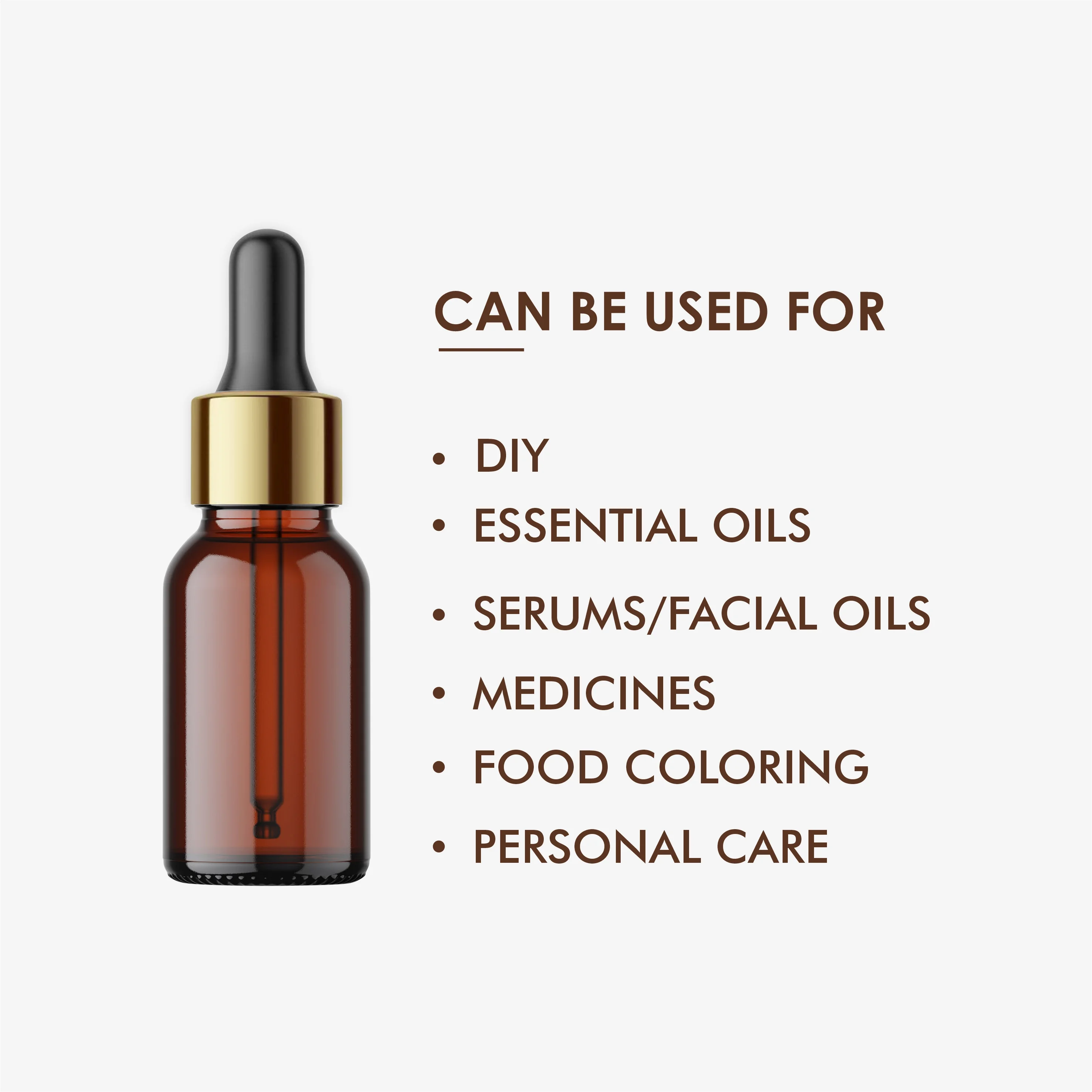 Amber dropper bottle with gold cap; uses listed: DIY, essential oils, serums, medicines, food coloring, personal care.