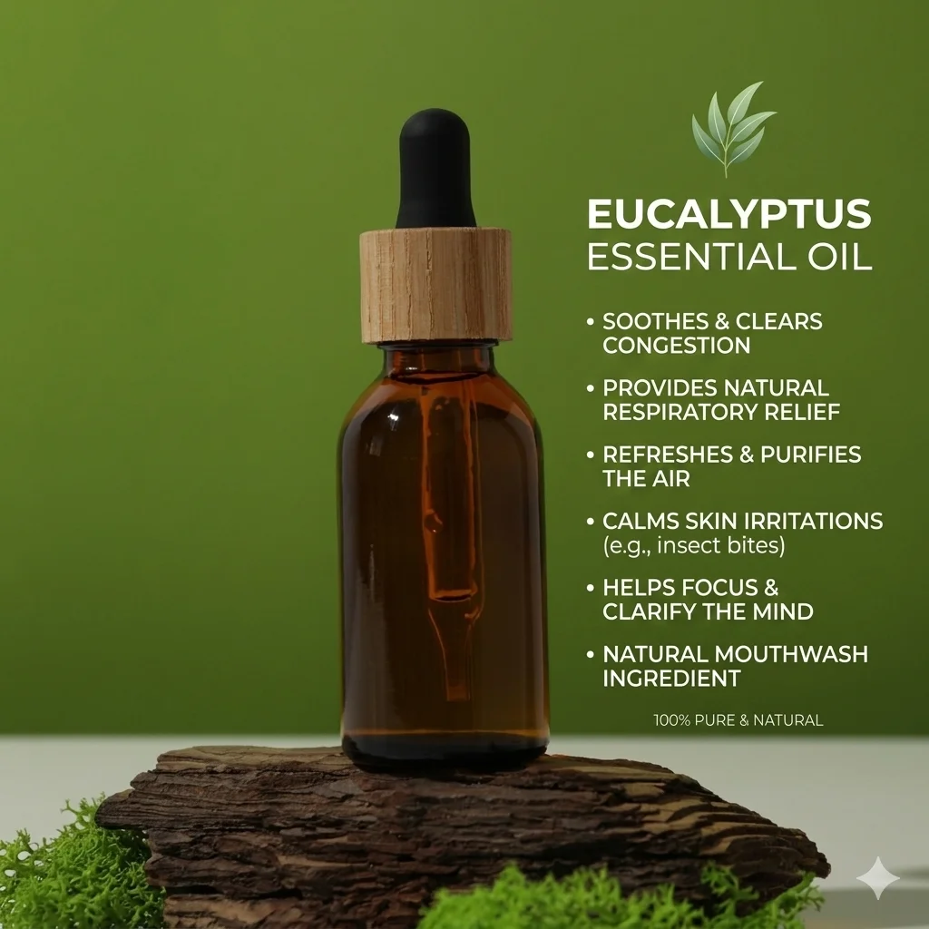 Amber glass bottle of eucalyptus essential oil with dropper placed on wood, with text listing benefits like congestion relief and air purification; natural health benefits infographic.