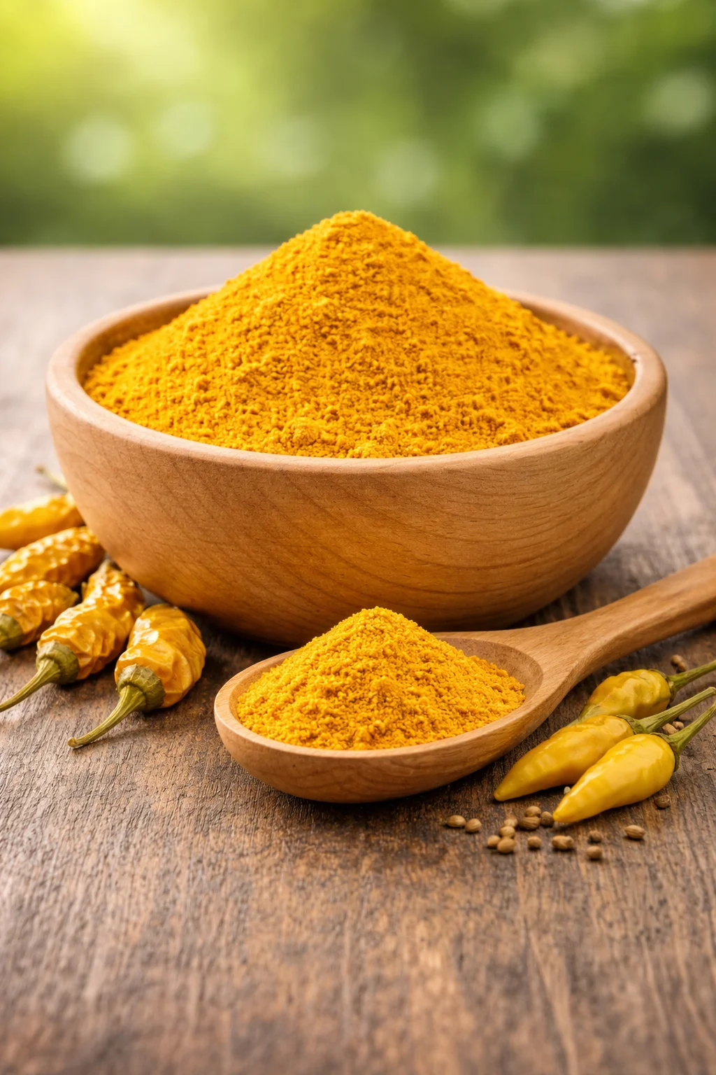 Peeli Mirch Powder in bowl with whole yellow chillies and spices