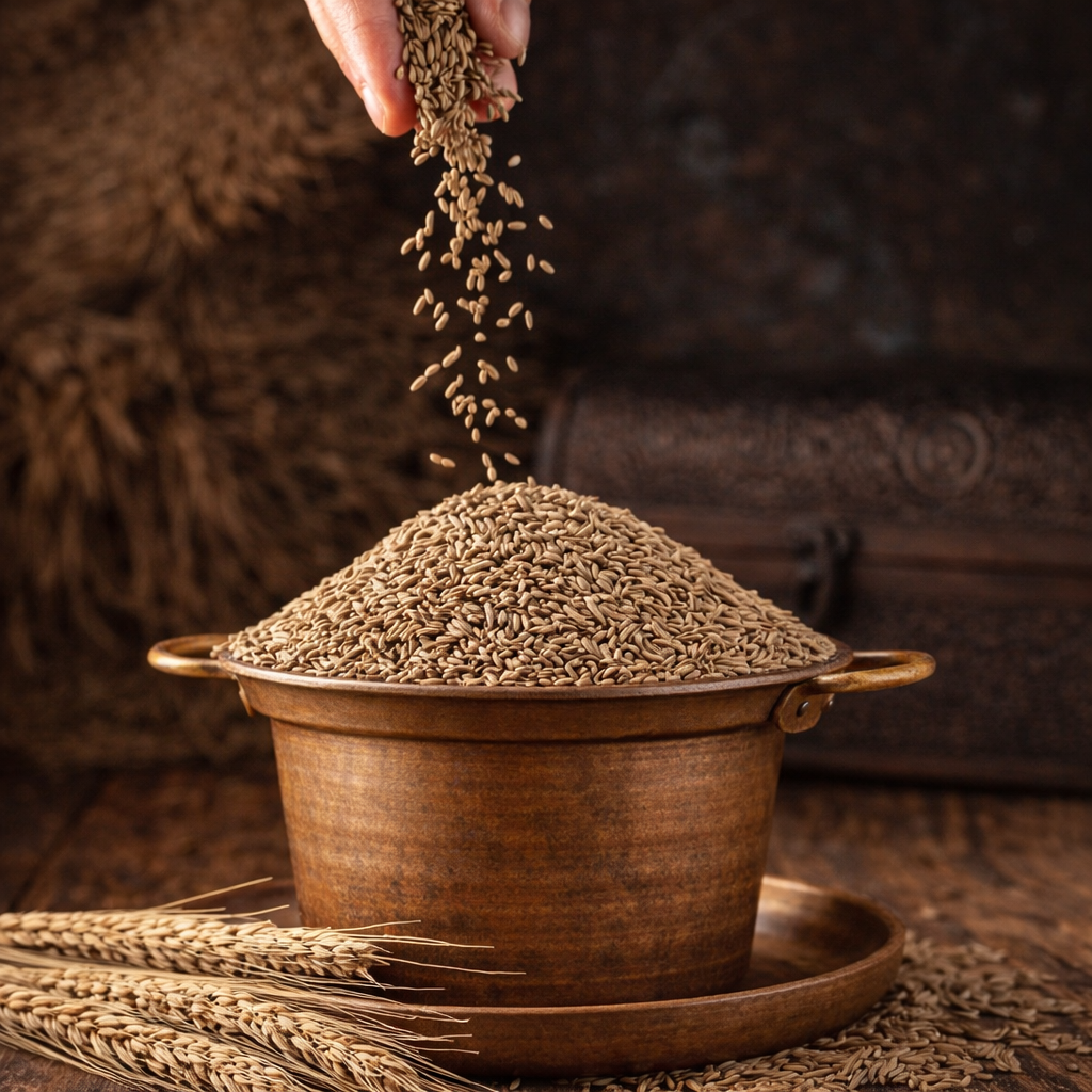 Light brown shahi jeera seeds pouring into rustic copper pot HDR image