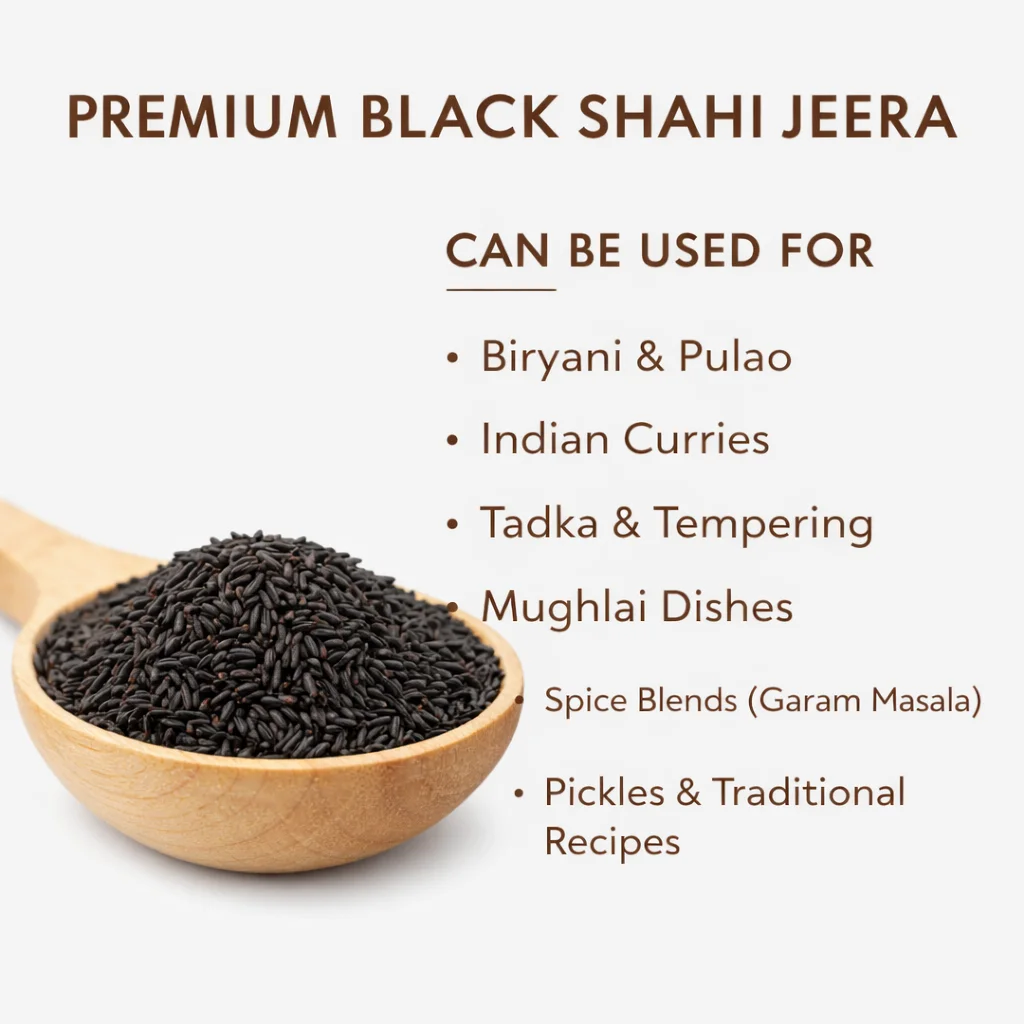 Premium Black Shahi Jeera in a wooden spoon on white background with usage list including biryani, curries, tadka, Mughlai dishes, spice blends, and pickles.