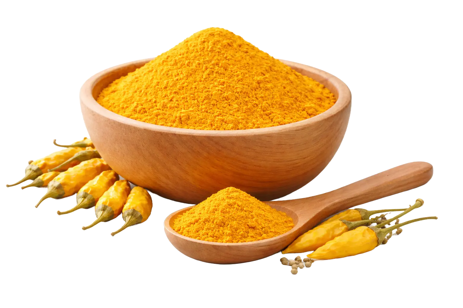 Peeli mirch powder in wooden bowl with whole yellow chillies showing natural color and fine texture