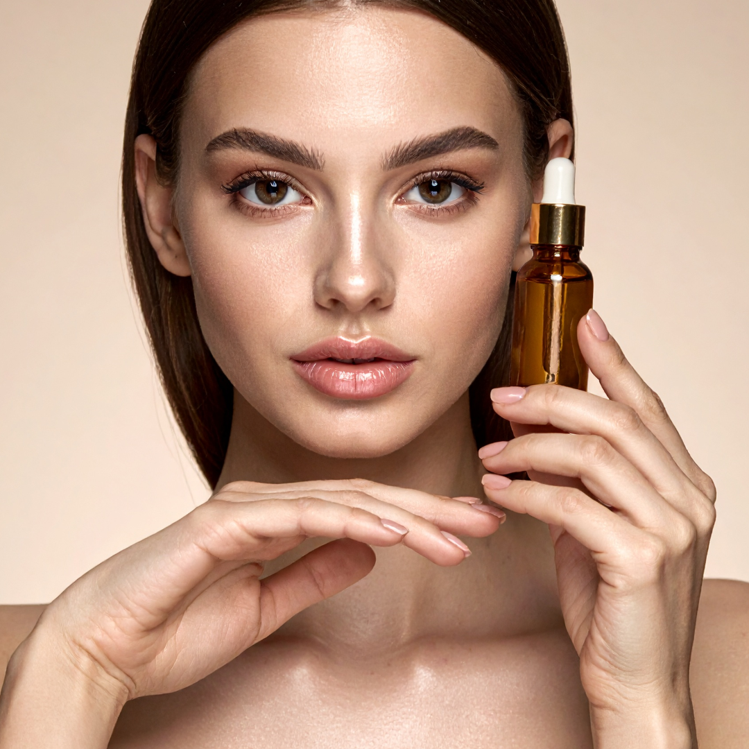 Natural eucalyptus essential oil bottle held by woman for skincare & healthacre, haircareuse