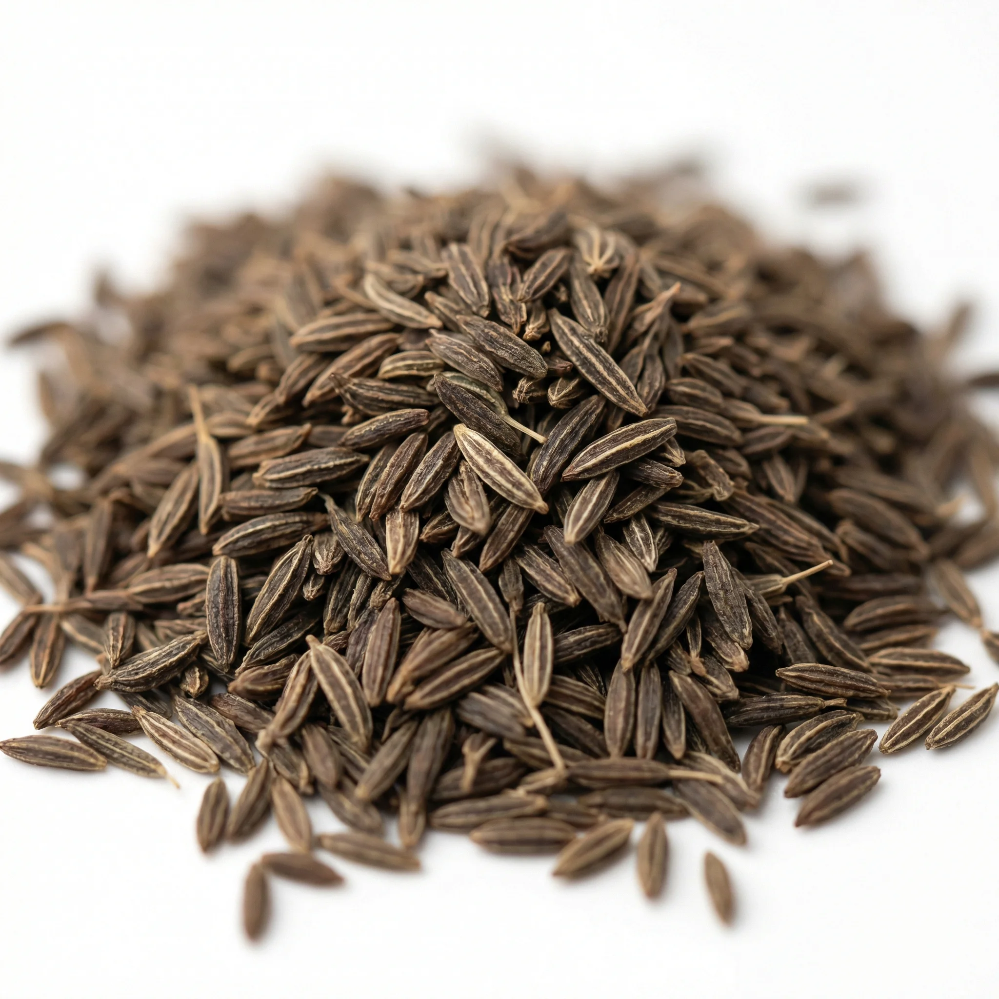 Light brown shahi jeera seeds pouring into rustic copper pot HDR image