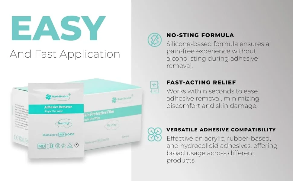 Bao Health 60430 Adhesive Remover Wipes, No‑Sting, Alcohol‑Free (Pack of 30)