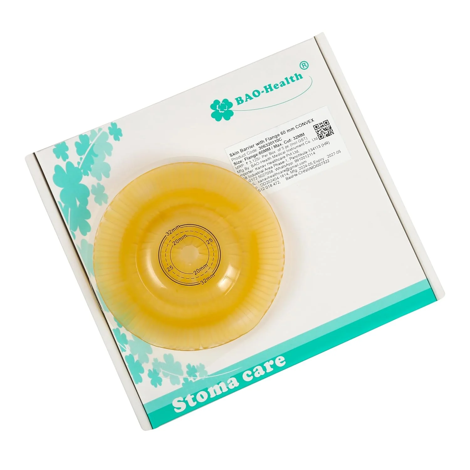 BAO Health 306320110C Two Piece Convex Sin Barrier Floating Flange with Belt Ears, Size- 60mm, Max Cut 32mm