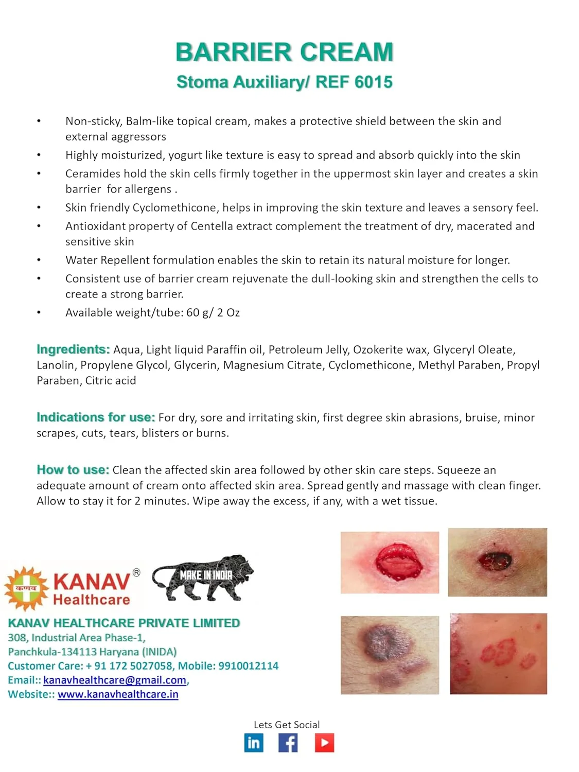 Kanav Barrier Cream 6015, Skin Protective Moisturizing Cream, 60 gram