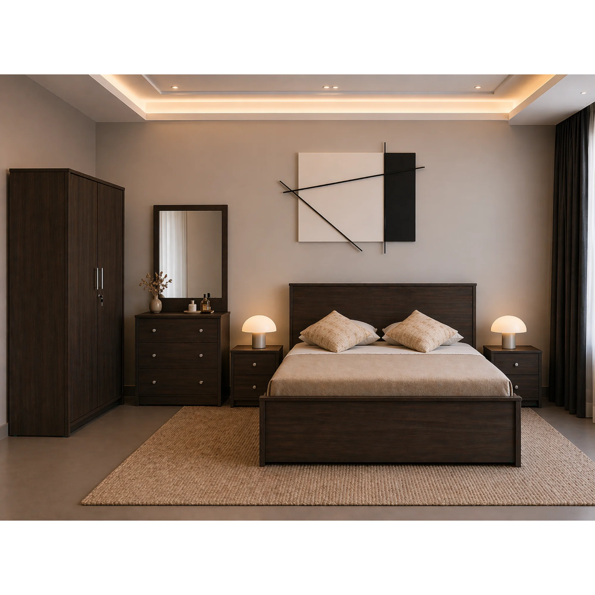 Premium Bedroom Set – Engineered Wood (Dark Finish)