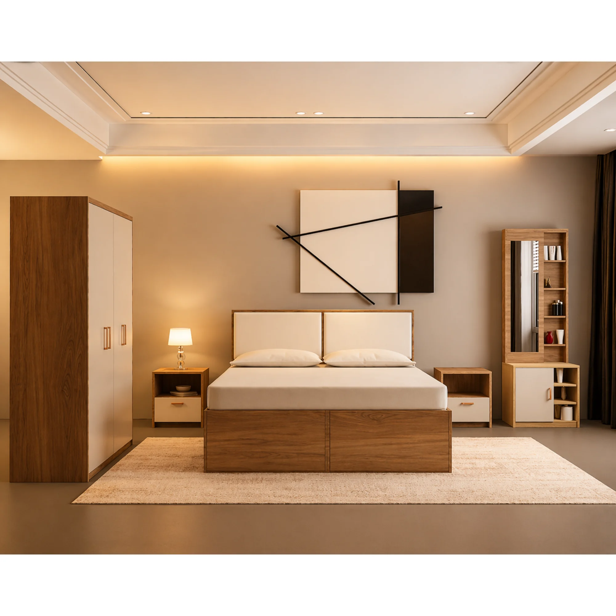 Premium Bedroom Set with Drawer Storage & Upholstered Headboard | Commercial Plywood | Soft-Close Hardware