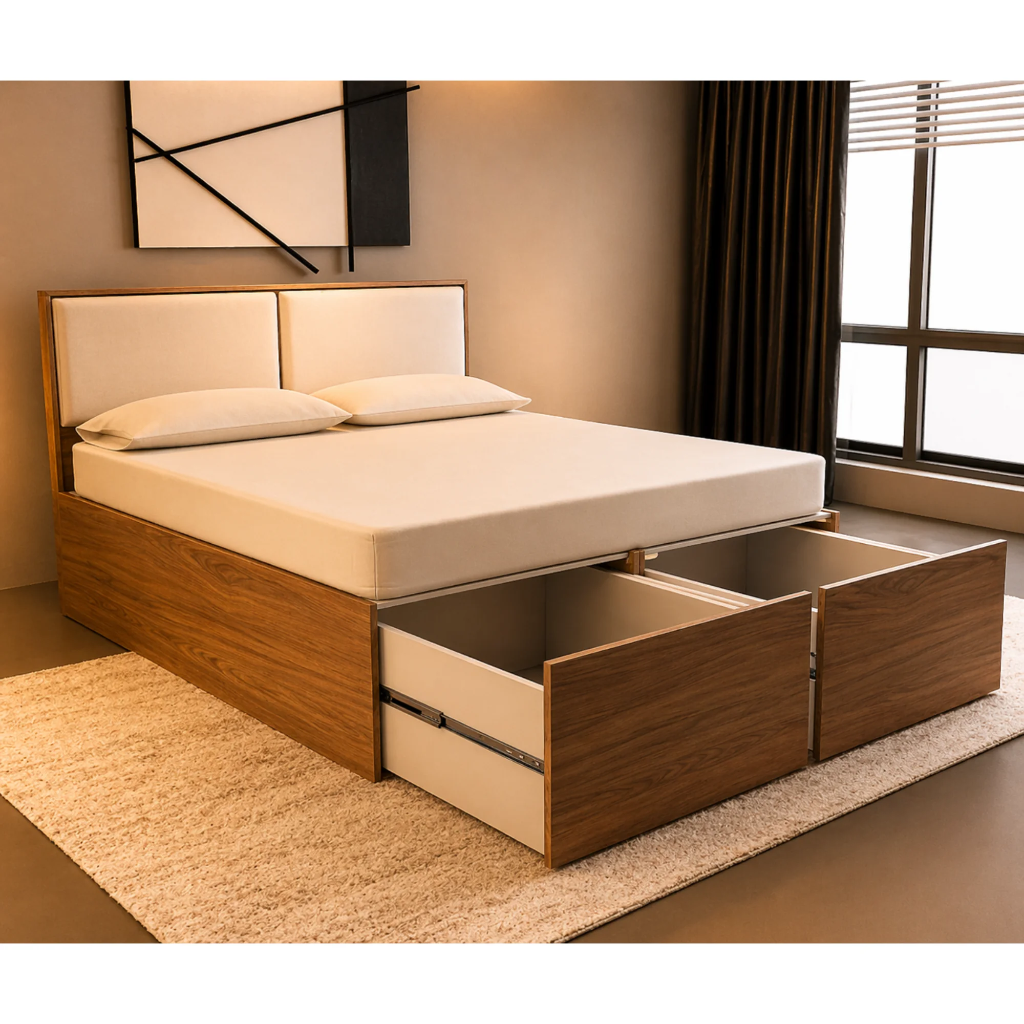 Premium Bedroom Set with Drawer Storage & Upholstered Headboard | Commercial Plywood | Soft-Close Hardware