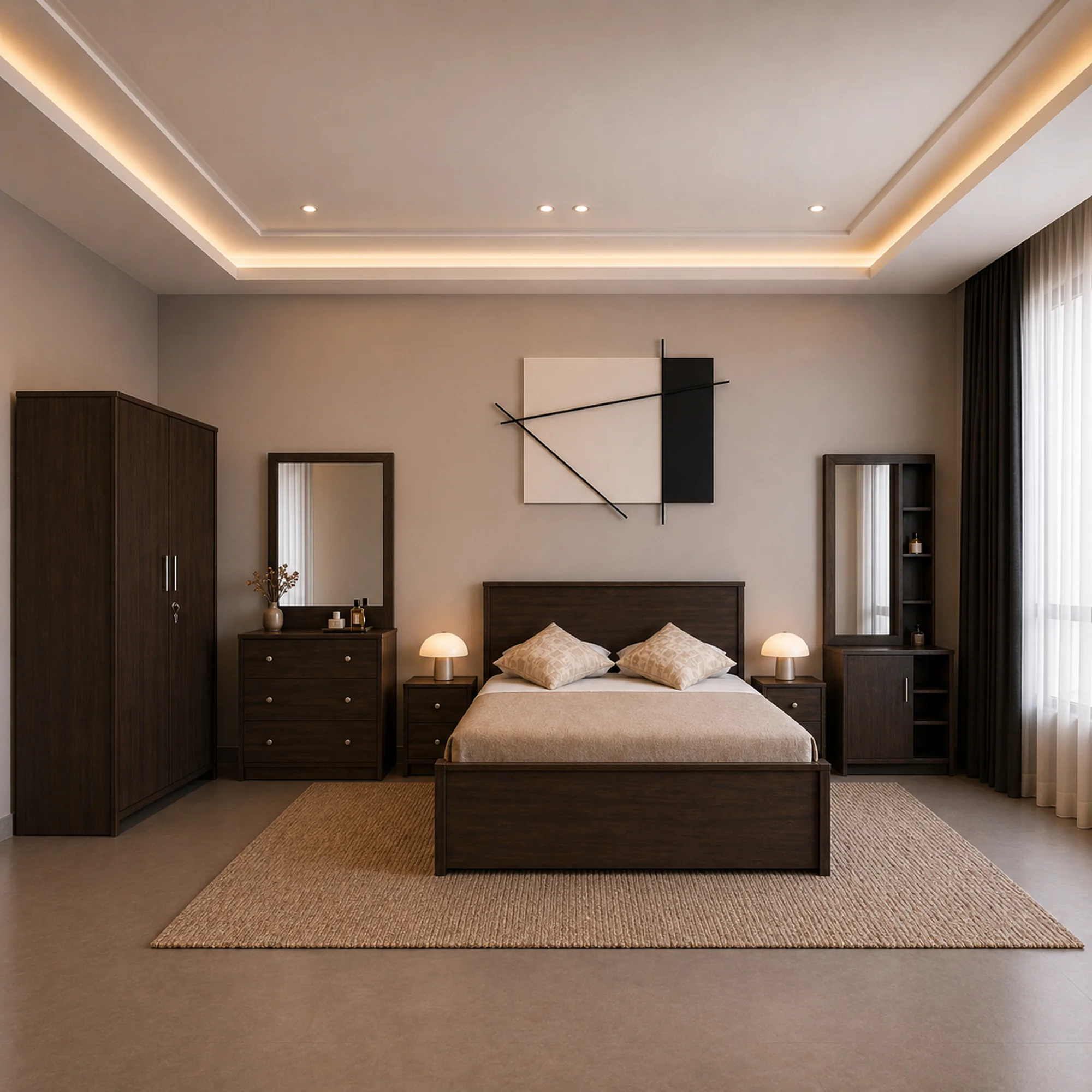 Premium Bedroom Set – Engineered Wood (Dark Finish)