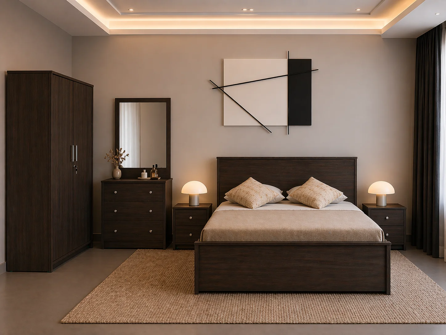 Premium Bedroom Set – Engineered Wood (Dark Finish)